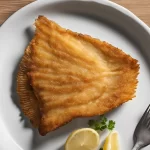 Flounder recipes include baked lemon herb flounder and friend flour (pictured here) on a white plate with lemon wedges.