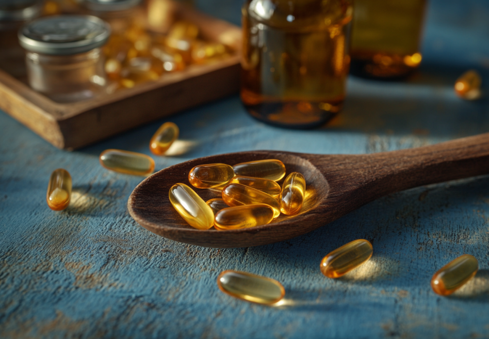 the health benefits of fish oil - soft gel capsules on a spoon and table