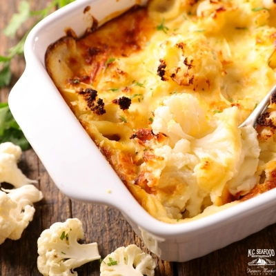 Cauliflower gratin is a perfect winter side dish to pair with seasonal seafood.