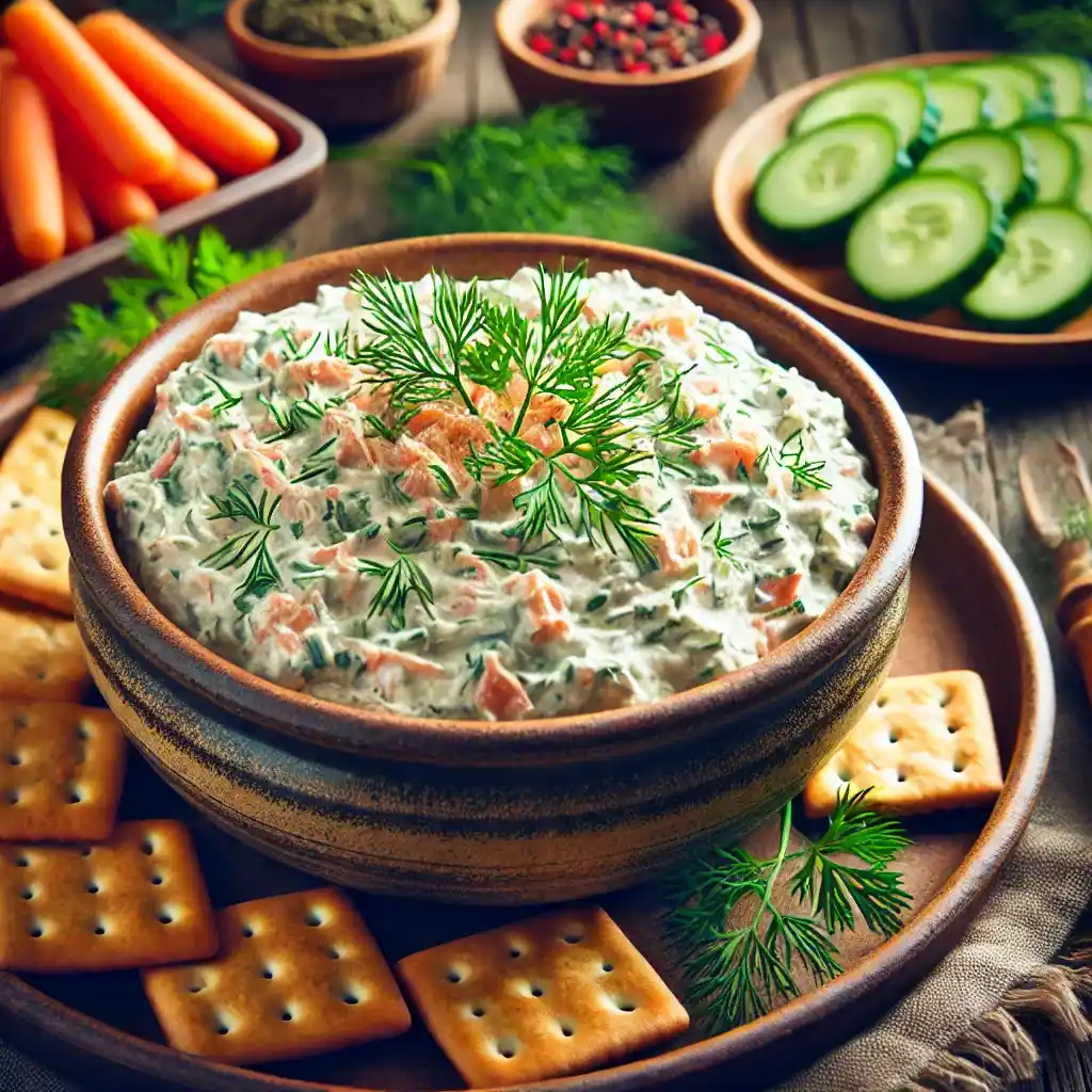 A bowl of smoked trout dip to be served with cucumbers, fennel, and crackers. 