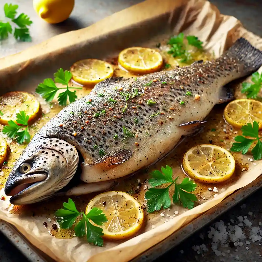 A cooked filet of trout with cut up lemon and parsley on a serving tray. 