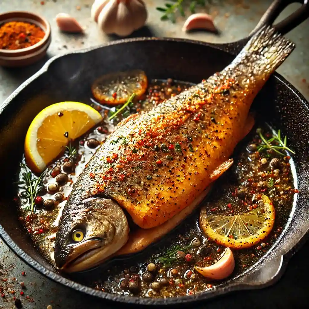 A cooked filet of trout with cut up lemon and rosemary in a cast iron skillet. 