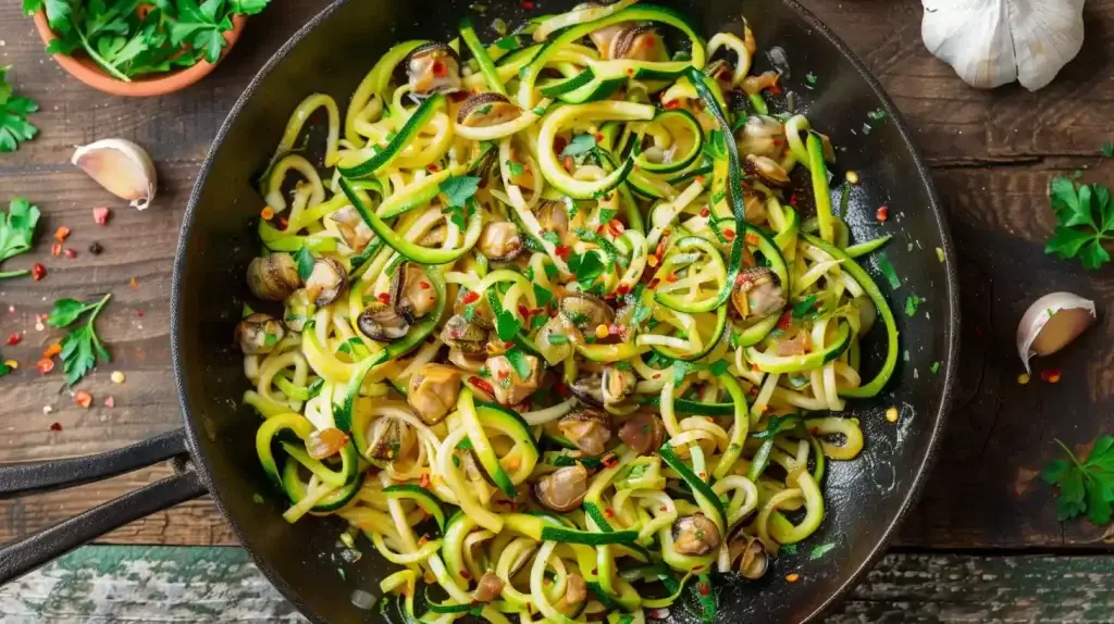 Zucchini spirals with sautéed mushrooms and red pepper flakes. 